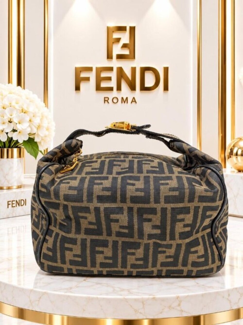 Authentic Fendi Zucca FF Monogram Brown Canvas Top Handle Vanity Bag Vintage